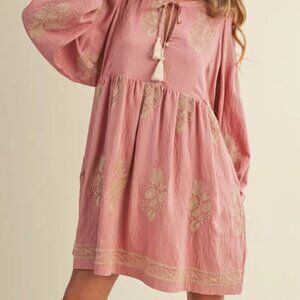 &Merci Embroidered Long Puff Sleeve Pink & Tan Mini Dress